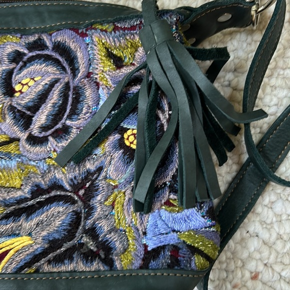 Handmade Leather Guatemalan Huipil Handbag - TEAL Leather crossbody - Picture 7 of 9
